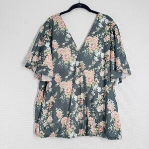 BloomChic Women's Green and White Floral Flutter Sleeve Wrap V-Neck Blouse